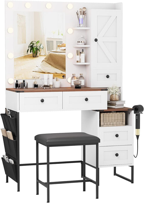 Farmhouse Makeup Vanity Desk With Illuminated Mirror