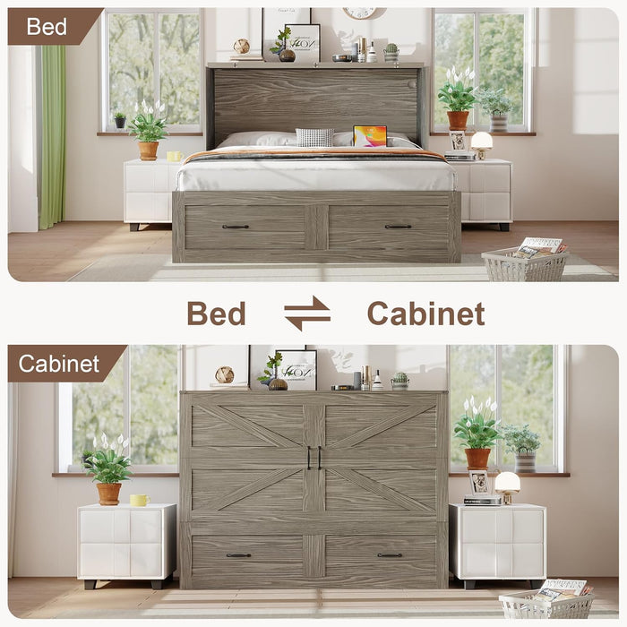 Grey Queen Murphy Cabinet Bed With GenerousStorage