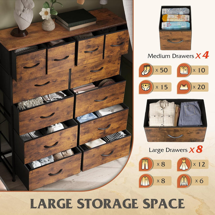 Tall Dresser for Bedroom with 12 Drawers, Dressers & Chests of Drawers, Fabric Dressers for Closet, Storage Dresser Organizer with Steel Frame, Wood Top, Rustic Brown Wood Grain Print