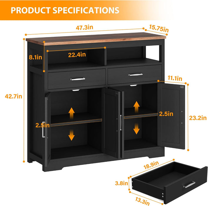 Sideboard Buffet Cabinet with Storage & Shelves, Farmhouse Kitchen Storage Cabinet Wood Coffee Bar Sideboard Cabinet with 4 Doors for Kitchen, Living Room, Entryway, 47" W Black