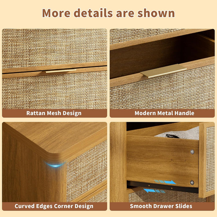 Rattan 7 Drawer Dresser for Bedroom,55" Wide,Natural Oak,Modern Chest of Drawers with 7 Large Storage Space and Curved Edge Design, 7 Drawer Large Dresser for Bedroom