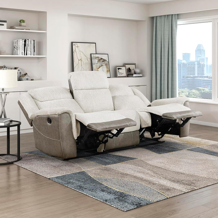 Mnul Reclining Sof for Living Room, Chenille Upholstery Double Recliner Couch Sof, Home Theter Seting, Wll Hugger, Pdded Hedrest, Required ssembly, Two-Tone Beige