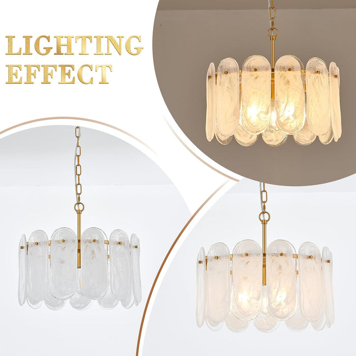 Modern Gold Chandelier, 18.3’’ Luxury Glass Chandelier for Dining Room Clound Glass 3-Light Drum Pendant Light Fixture for Bedroom Kitchen Island Entryway