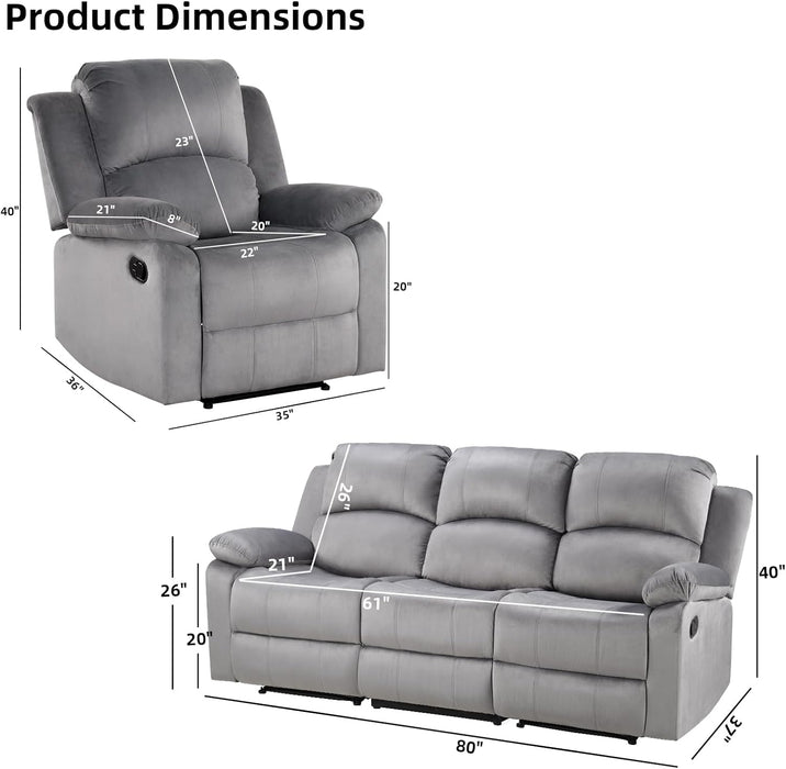 Manual Reclining Couch Set for Living Room, Include 1 Recliner Chair, 3 Seat Sofa, Soft Microfiber Recliner Sofa Furniture Set for Home and Office, Grey