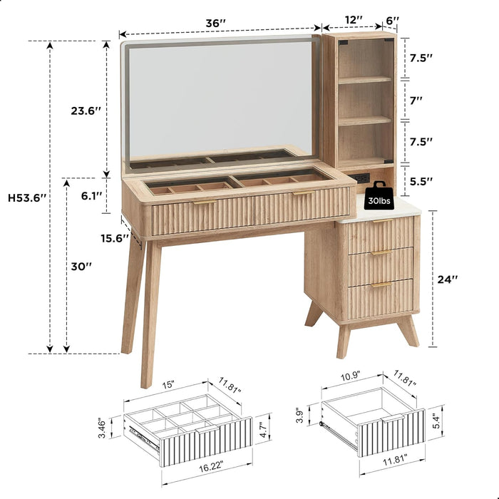 48" Fluted Makeup Vanity Desk with Large 36" Mirror and Lights, Modern Glass Top Big Vanity Table with 5 Drawers & Adjustable Shelves, Dressing Table Set W/Charging Station for Bedroom, Oak