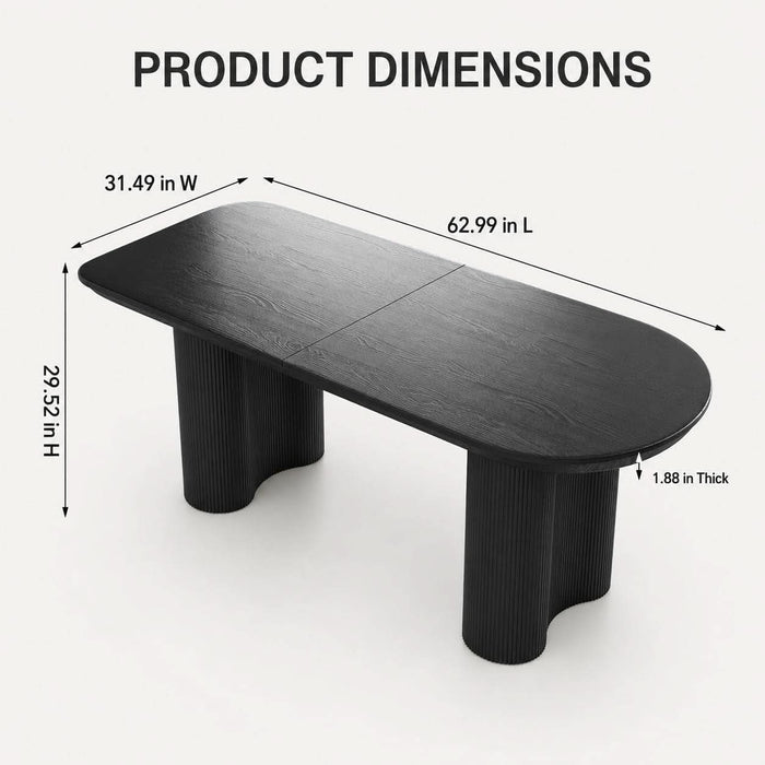63-Inch Black Oval Dining Table for 4-6 People, Modern Kitchen Table with Thick Engineered Wood Top, Fluted Double Pedestal Base, Rounded Edges, Table Only