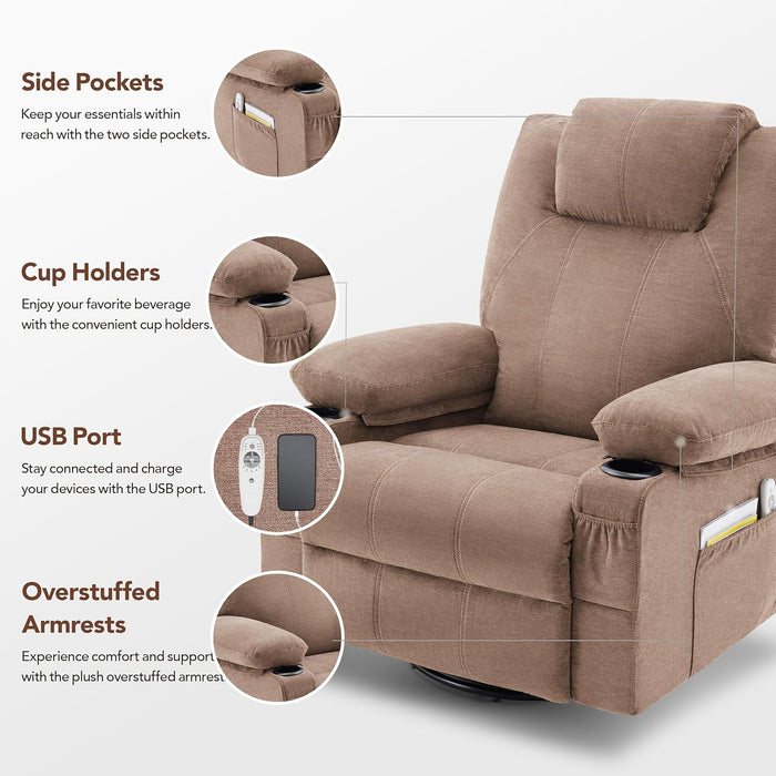 Oversized Swivel Rocker Recliner Chair with Heat and Massage, 360 Degree Swivel Rocking Single Sofa with Cup Holders and USB Port, Big Large Recliner Chair for Living Room (Fabric, Brown)