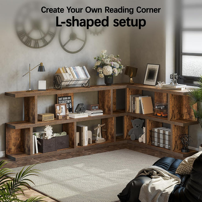 63" Low Bookcase Long Bookshelf, Wide Storage Shelves, Rustic Brown | 3-Tier Horizontal Bookshelf, for Office Bedroom Living Room Corner, Short Wooden Bookshelves, Farmhouse Rustic, Display Rack