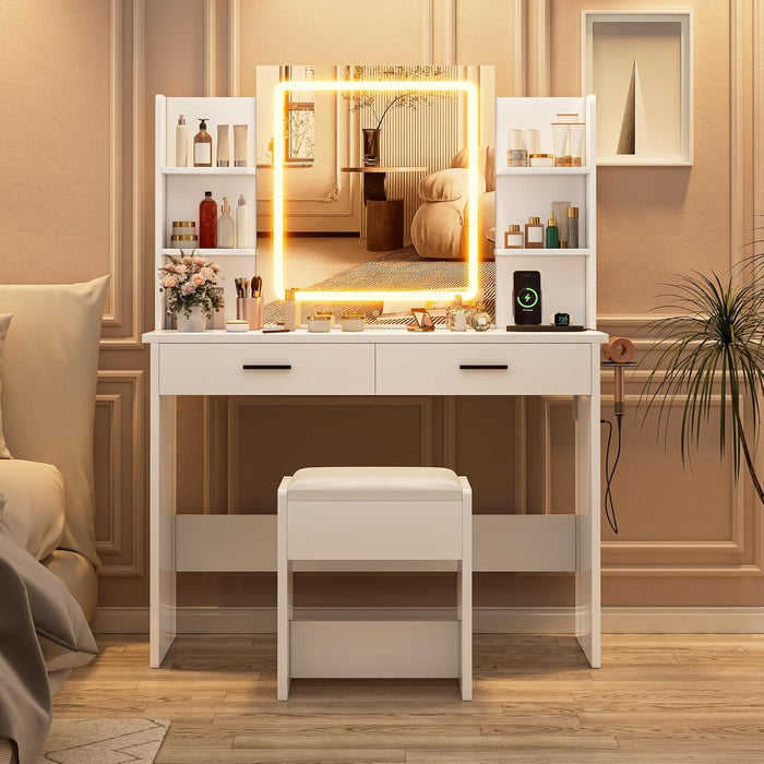 Small Vanity Desk with Mirror and Lights, Makeup Vanity with 2 Large Drawers and Stool, White Dressing Table for Girls Bedroom