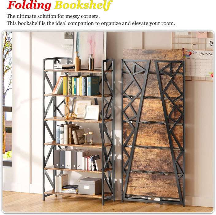 No Assembly Folding Bookshelf, 61.9" H X 23.6" W, 6 Tier Foldable Book Shelf Industrial Bookcase, Vintage Collapsible Storage Shelves for Home Office Living Room Bedroom, Rustic Brown Black