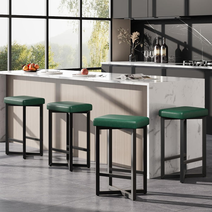 24.6" Bar Stools Set of 4 with PU Leather Upholstered Seats, Green | Counter Height Bar Stools with Metal Frame & Footrest, Modern Backless Kitchen Barstools for Home Bar, Dining Room