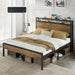Queen Size Bed Frame with Storage Headboard & Charging Station, Industrial Metal Platform Bed with Large Under-Bed Storage, Heavy Duty Slats, No Box Spring Needed, Rustic Brown