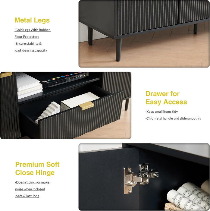 Black TV Stand for 65 Inch TV, TV Consoles for Living Room, TV Stand for Bedroom W/Drawer and Storage, Wood Fluted Panel Media Console, Entertainment Center W/Soft Hinge & Cable Management