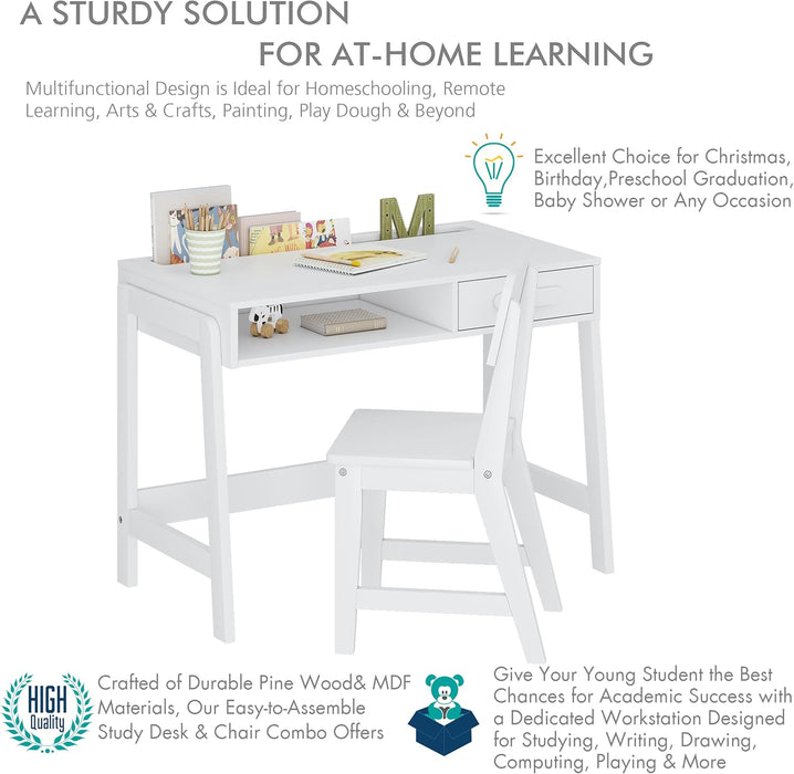 Kids Desk and Chair Set, Study Desk for Kids with Drawers, Wooden Children Study Table, Student Writing Desk Computer Workstation for Bedroom & Study Room
