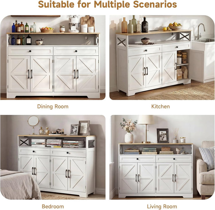 Sideboard Buffet Cabinet with Storage, 47" Kitchen Buffet Cabinet with Charging Station, Farmhouse Coffee Bar Station with Drawers and Doors, Credenza for Kitchen Living Room Entryway, White