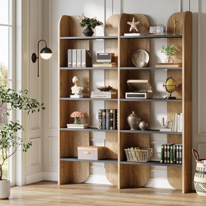 5-Tier Farmhouse Bookshelf, 70.87-Inch Tall Double Wide Bookcase with Open Shelves, Vintage Floor Standing Book Shelf (1, Brown+Black)