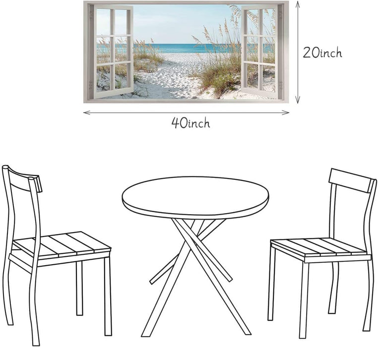 Beach Window Wall Art Canvas: Relaxing Bedroom Living Room Blue Ocean Coastal Scene Picture Modern Tropical Sea Landscape Painting Print Decor Horizontal Summer Seascape Artwork for Home