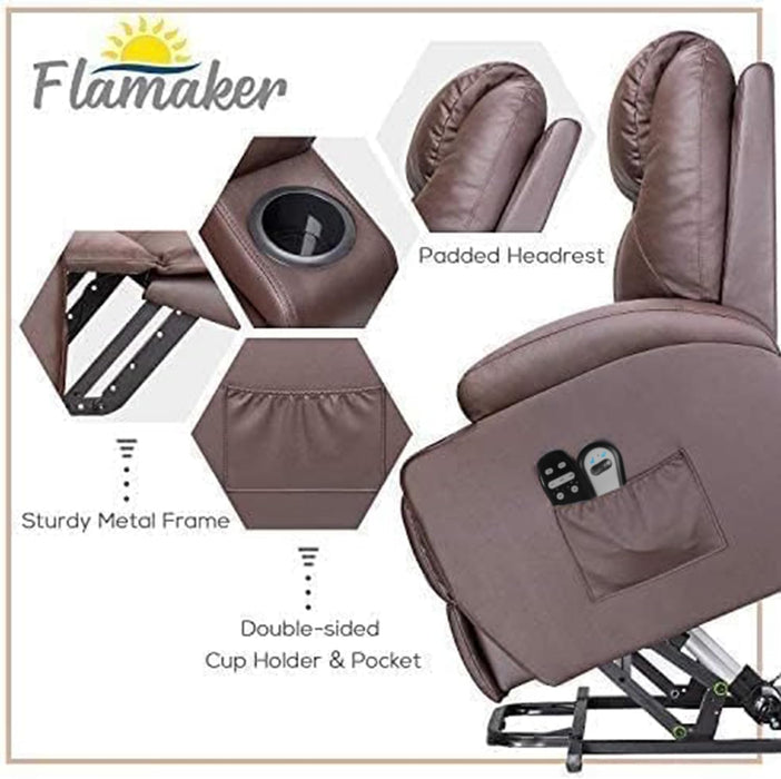 Power Lift Recliner Chair PU Leather with Massage for Elderly Ergonomic Lounge Chair Classic Single Sofa with 2 Cup Holders Side Pockets Home Theater Seat (Leather, Brown)