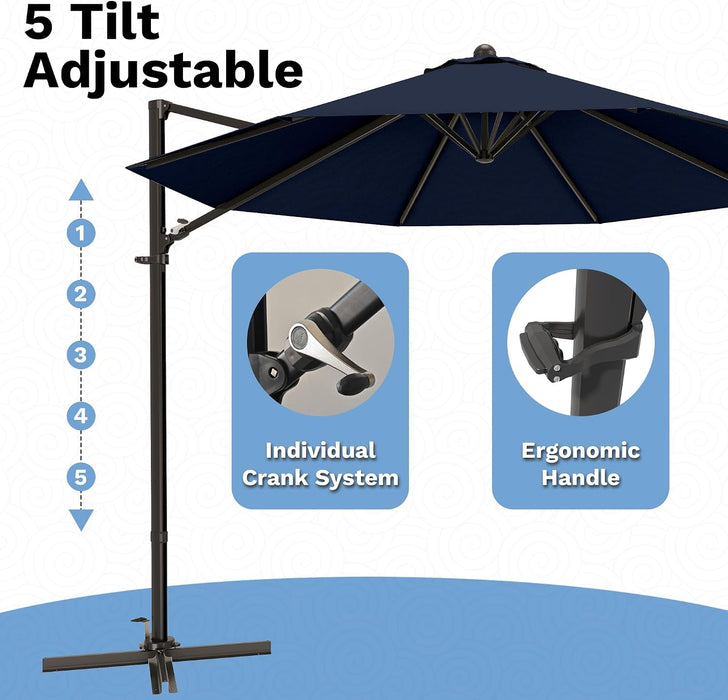 10Ft Cantilever Patio Umbrella, round Large Outdoor Umbrella with 360-Degree Rotation, Hanging Offset Market Sun Umbrella, Easy Tilt and Heavy-Duty Frame, for Patio Backyard Garden, Navy Blue