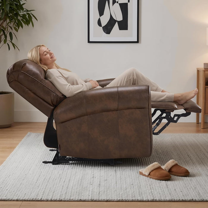 Power Wall Hugger Recliner Chair for Small Space RV Living Room, USB & USB-C Charging Ports, Modern Rolled Arm Recliner, Faux Leather PR630 (Dark Brown, Medium)