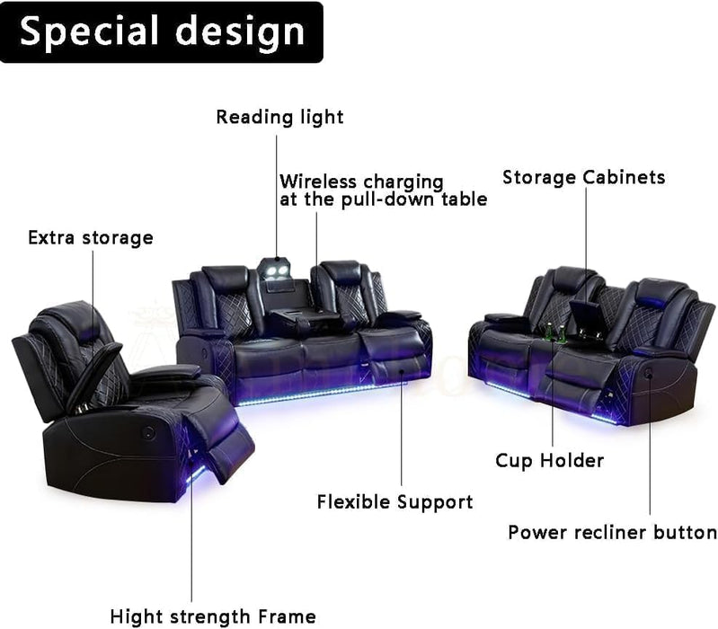 Multifunction Power Recliner Couch Set with LED Light, Storage Console, Cup Holders, USB Charging Port (3Piece, Black)