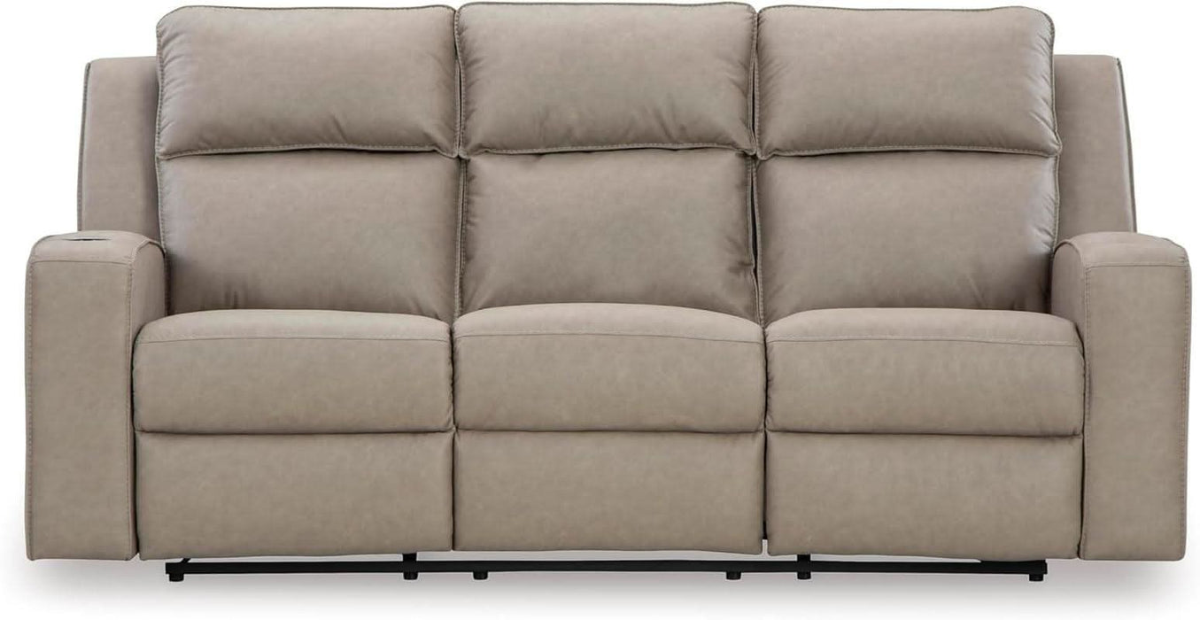 Lavenhorne Contemporary Faux Leather Manual Reclining Sofa with Drop down Table, Cup Holders and USB Ports, Beige