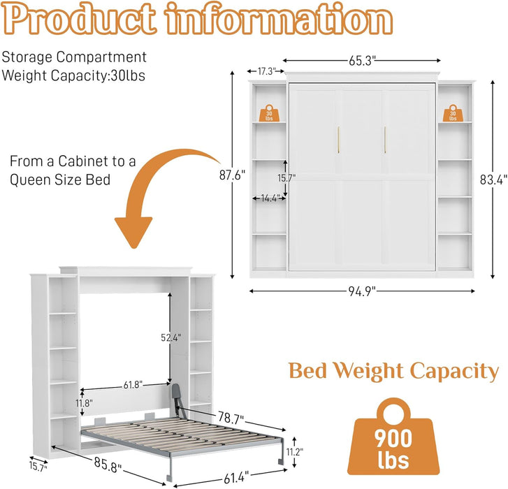 Murphy Bed Queen with Storage Bookcase & 4 Adjustable Shelves, Queen Murphy Bed Cabinet Bed, Foldable Space Saving Furniture Beds, Wood Wall Bed for Guest Room, Bedroom, White