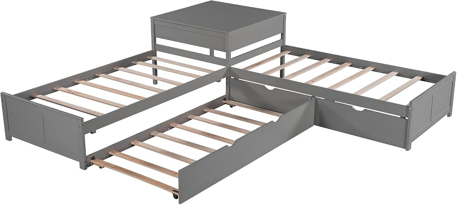 L-Shaped Platform Bed with Trundle, Drawers and Built-In Desk, Wood Bed for Teens, L Shaped Twin Bed, Grey