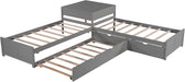 L-Shaped Platform Bed with Trundle, Drawers and Built-In Desk, Wood Bed for Teens, L Shaped Twin Bed, Grey