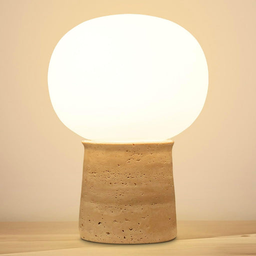 Neptune Small Table Lamp – 12” Natural Travertine Mushroom Lamp with Modern Frosted Glass Globe – Dimmable LED Warm White Light, Stone Lamp for Bedroom, Living Room, Bedside, End Table