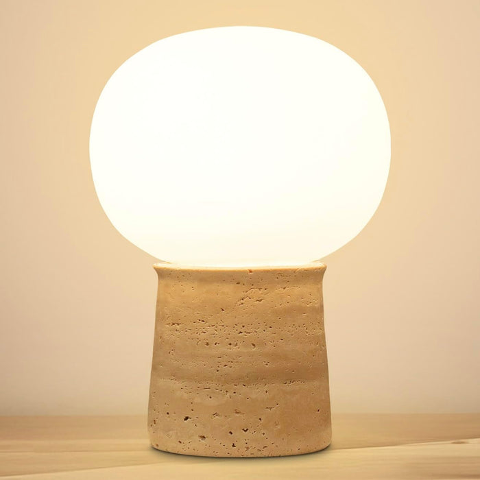 Neptune Small Table Lamp – 12” Natural Travertine Mushroom Lamp with Modern Frosted Glass Globe – Dimmable LED Warm White Light, Stone Lamp for Bedroom, Living Room, Bedside, End Table