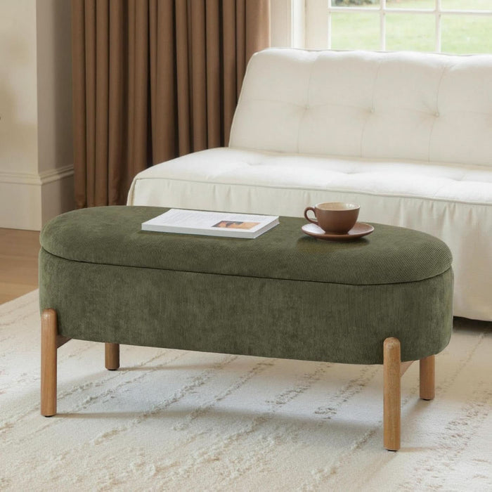 Storage Bench Ottoman, Upholstered Corduroy Storage Bench for Bedroom End of Bed, Modern Aesthetic Furniture, Large Oval Ottoman Bench for Foot of Bed, Living Room, Entryway, under Window (Green)