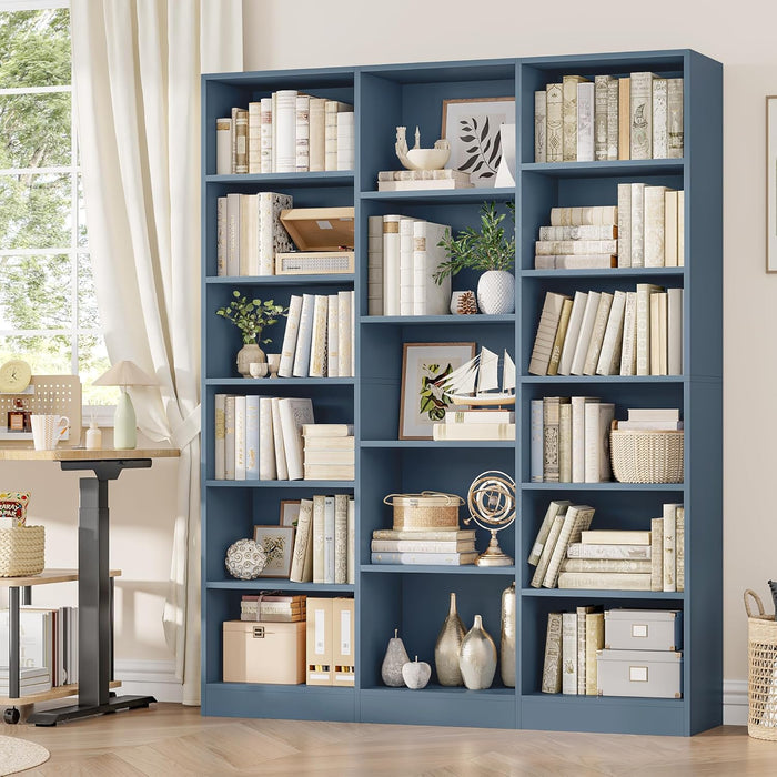 Blue Triple Wide Freestanding Bookshelf 74Inch Tall