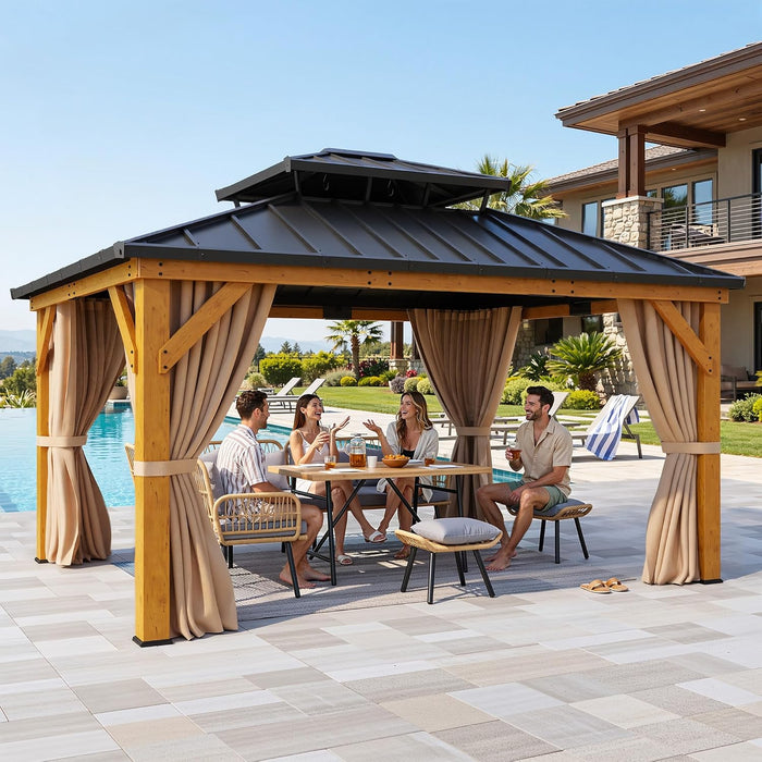 13X15 Wood Gazebo Hardtop with Nettings and Curtains, Heavy Duty Double Roof Galvanized Steel Outdoor Wood Frame Roof for Patio, Backyard, Deck, Lawns