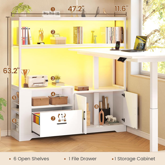 56.7" L Shaped Standing Desk, Reversible Computer Office Desk with Drawers & Hutch, Stand up Corner Gaming Desks with LED Lights & Power Outlets for Home Office, White