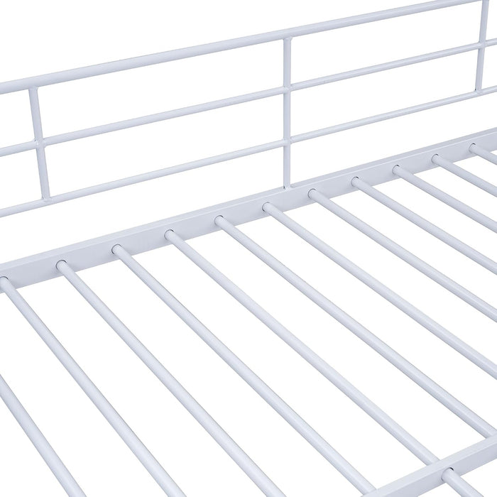 Full over Full Metal Bunk Bed with Storage Ladder and Wardrobe, Modern Iron Bunk Bed Frame with Built-In Shelves and Guardrails for Bedroom, White