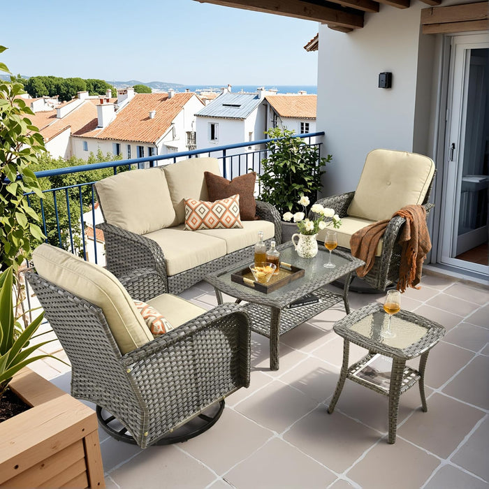 Patio Furniture Set,5 Pieces Outdoor Conversation Set,All Weather Wicker Loveseat Sofa Set with High Back Swivel Rocking Chairs Tables,Beige