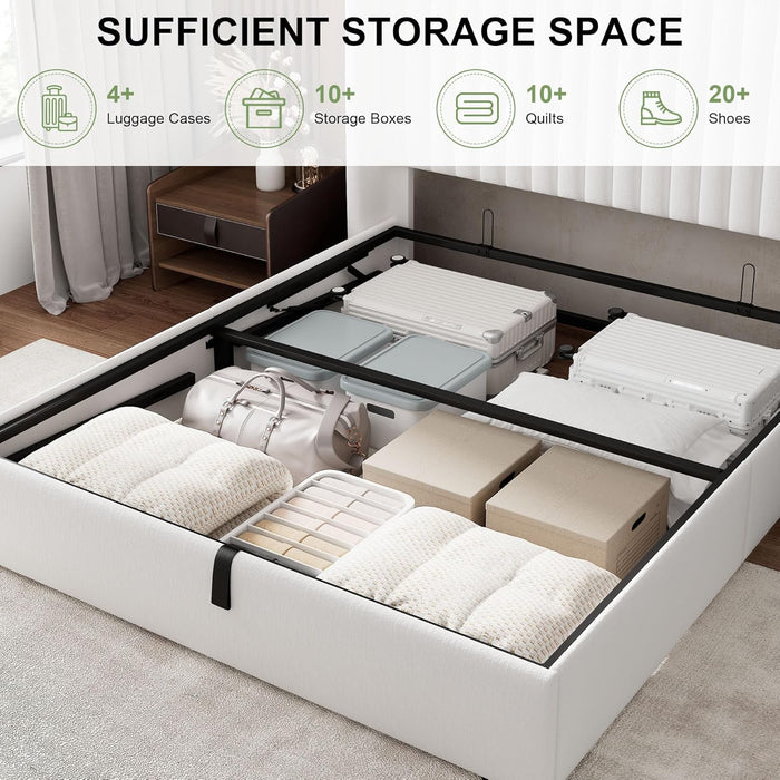 Full Size Lift up Storage Bed Frame, Velvet Upholstered Platform Bed Frame with Wingback Headboard, Hydraulic Storage, No Box Spring Needed, White