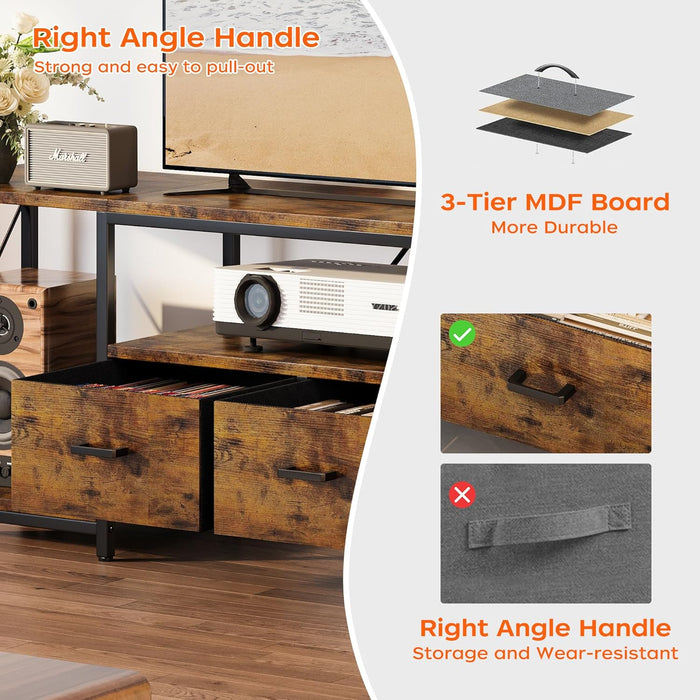 TV Stand for Tvs up to 75 Inch, Entertainment Center with Fabric Drawers, TV Media Console Table with Open Storage Shelves for Living Room, Bedroom, Rustic Brown
