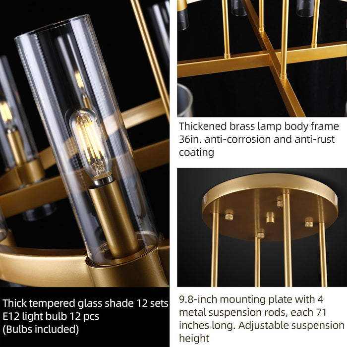 12 Light Brass round Chandelier 36" Wagon Wheel Chandeliers for Dining Room Light Fixture Clear Glass Tube Chandelier Modern Farmhouse Chandeliers for Livingroom Foyer, Bulb Included