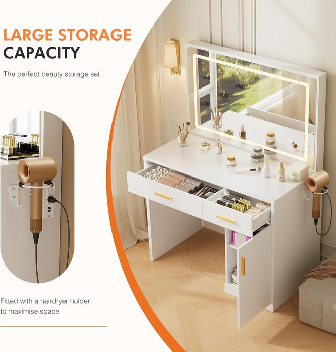 Vanity Desk with 35.4" LED Mirror and Lights, Makeup Vanity Table with Charging Station (2AC/USB/C), 2 Drawers & Large Cabinet, 3 Lighting Color Adjustable, Modern Dressing Table, White