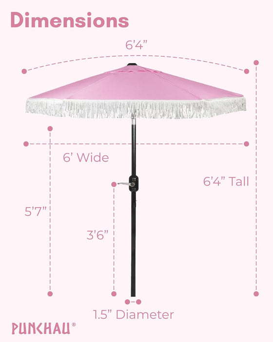 6 Ft Fringe Patio Umbrella - Outdoor Umbrella for Patio, Pool, Table, Garden, & Deck, Push Button Tilt Pole - Fashionable Vintage Tassels - White