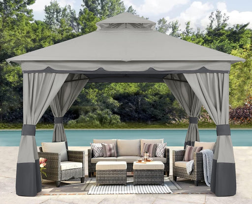 8'X8' Outdoor Gazebo, Double Roof Patio Gazebo with and Shade Curtains, Light Gray