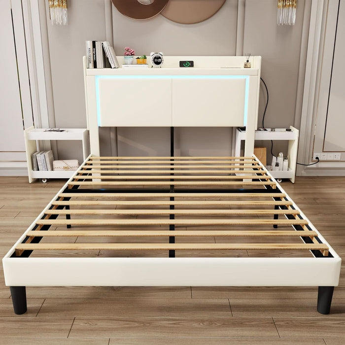 Queen PU Upholstered LED Bed Frame with Rolling Storage Nightstands, Bed Frame Queen Size with Charging Station, Wooden Slats Support, No Box Spring Needed, Noiseless, Beige White