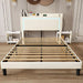Queen PU Upholstered LED Bed Frame with Rolling Storage Nightstands, Bed Frame Queen Size with Charging Station, Wooden Slats Support, No Box Spring Needed, Noiseless, Beige White