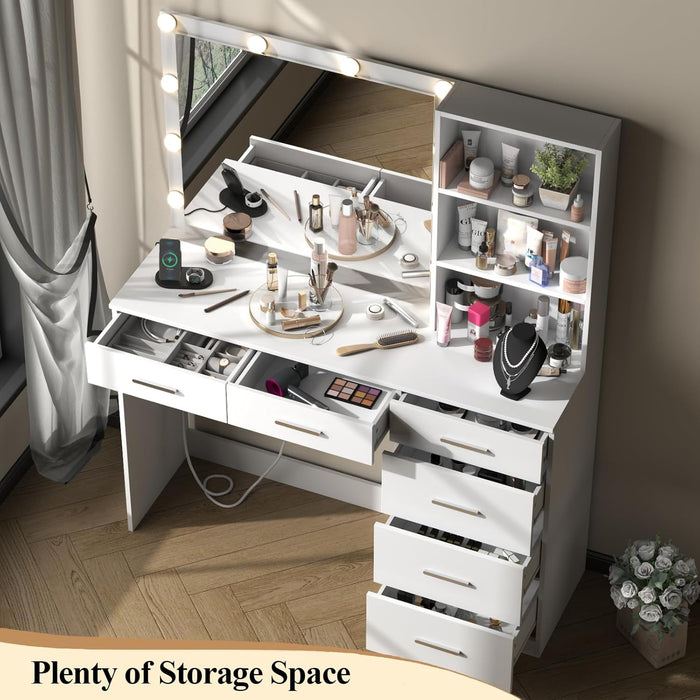 39 Inches White Vanity Desk with Lights, 6-Drawers Makeup Vanity Table with Power Strip and Storage Shelves, Dressing Table with Lighted Mirror for Women Girls