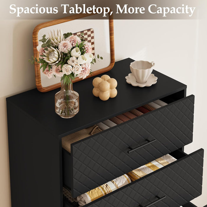 Tall Dresser with 5 Drawers, Modern Wooden Chest of Drawers with Diamond Panel, Anti-Tipping Device, Sturdy and Stable Storage Organizer for Bedroom, Hallway, Living Room