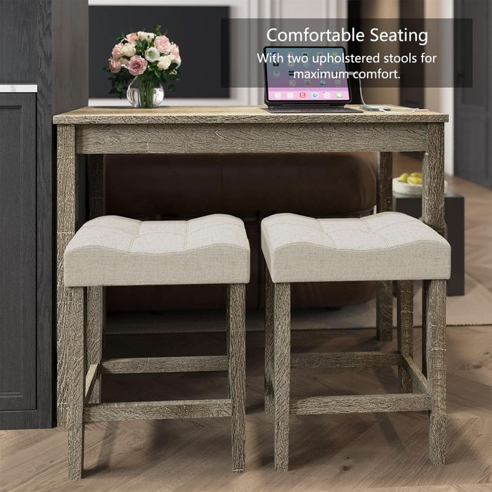 3-Piece Counter Height Bar Table Set with Socket and 2 Fabric Padded Bar Stools, Tall Kitchen Breakfast Dining Table Set with Stools (1+2 Natural)
