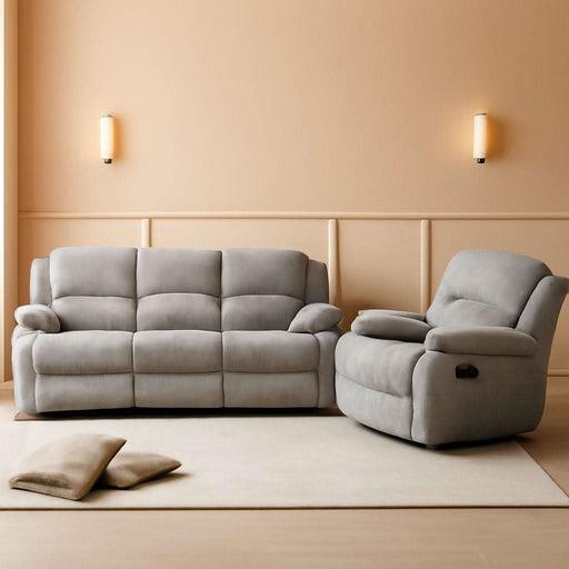 Soft Microfiber Reclining Sofa Set, Drop down Table, Cupholder Console, Living Room Set, Sofa Loveseat Glider Chair 8018M (Light Grey, Sofa+Loveseat)