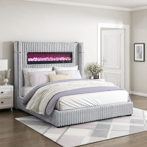 Corduroy Upholstered Bed Frame, Remote Fireplace, Built-In Speaker, Wingback Queen Bed Frame with Headboard, Wooden Slats, Box Spring Needed, Assembly Required, Two-Tone Gray